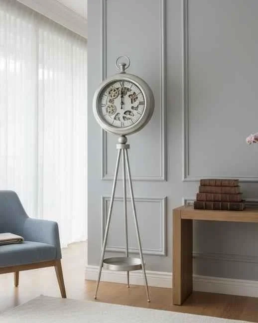 Eskitme Gümüş Çarklı Tripod Ayaklı Dekoratif Saat Lofti
