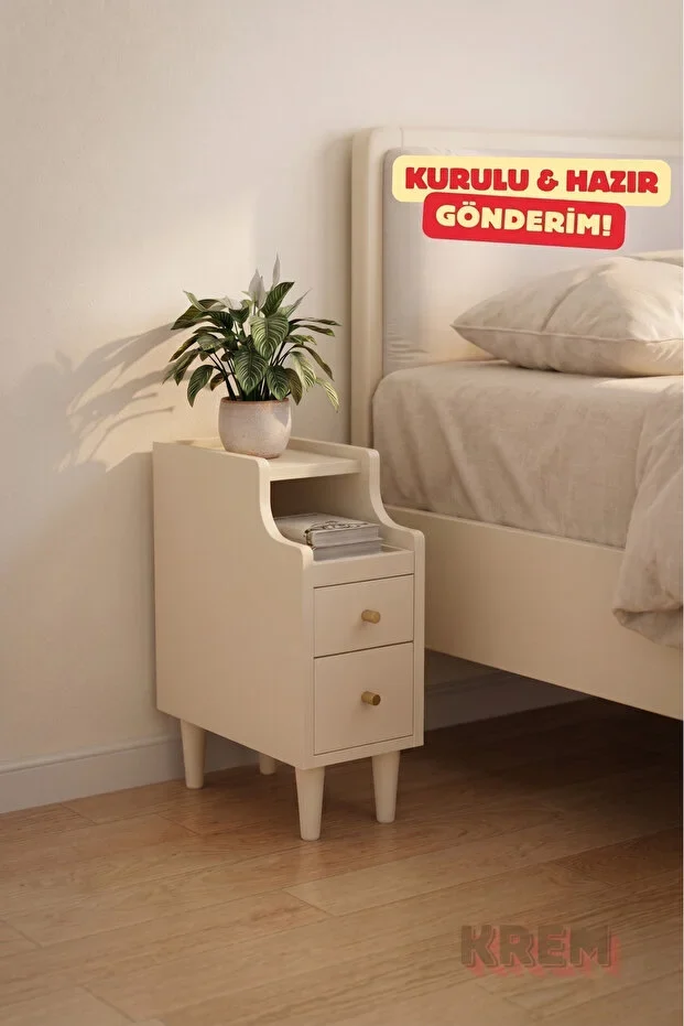 Mini Ahşap Komodin, 2 Çekmeceli Kayar Raflı Şarj Üniteli Modern Yan Sehpa, Kurulu & Hazır